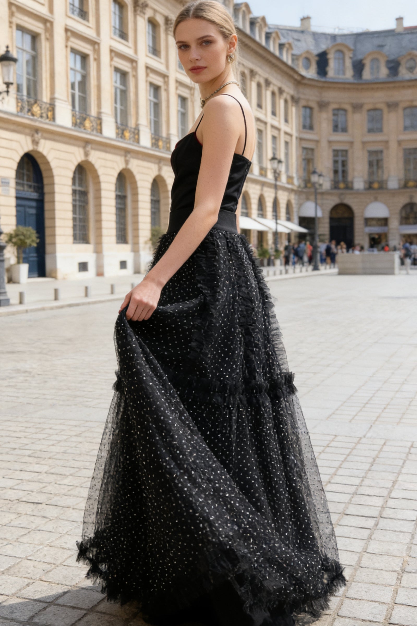 Q25 Puffy Polka Dot Lacy Long Skirt