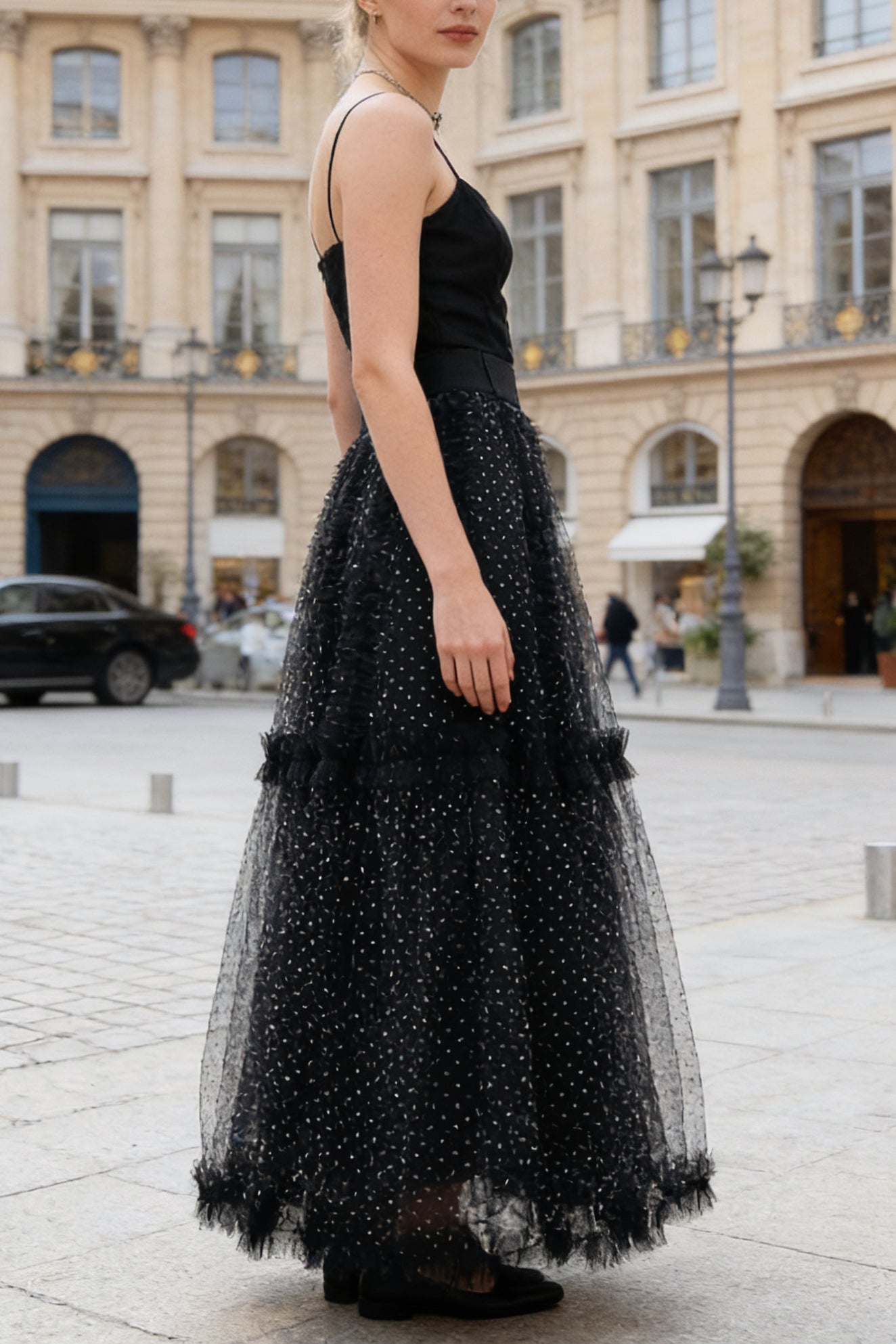 Q25 Puffy Polka Dot Lacy Long Skirt