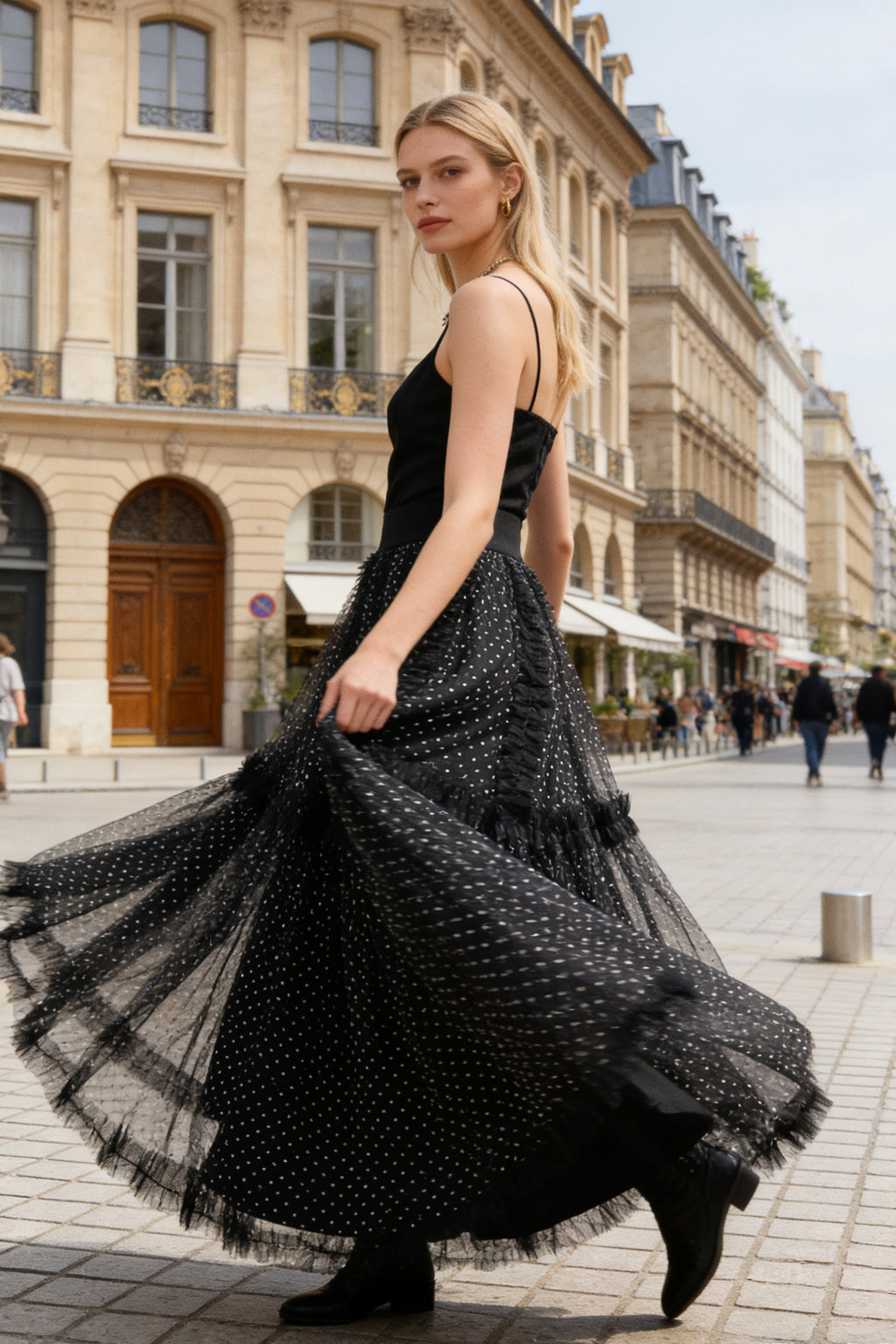 Q25 Puffy Polka Dot Lacy Long Skirt