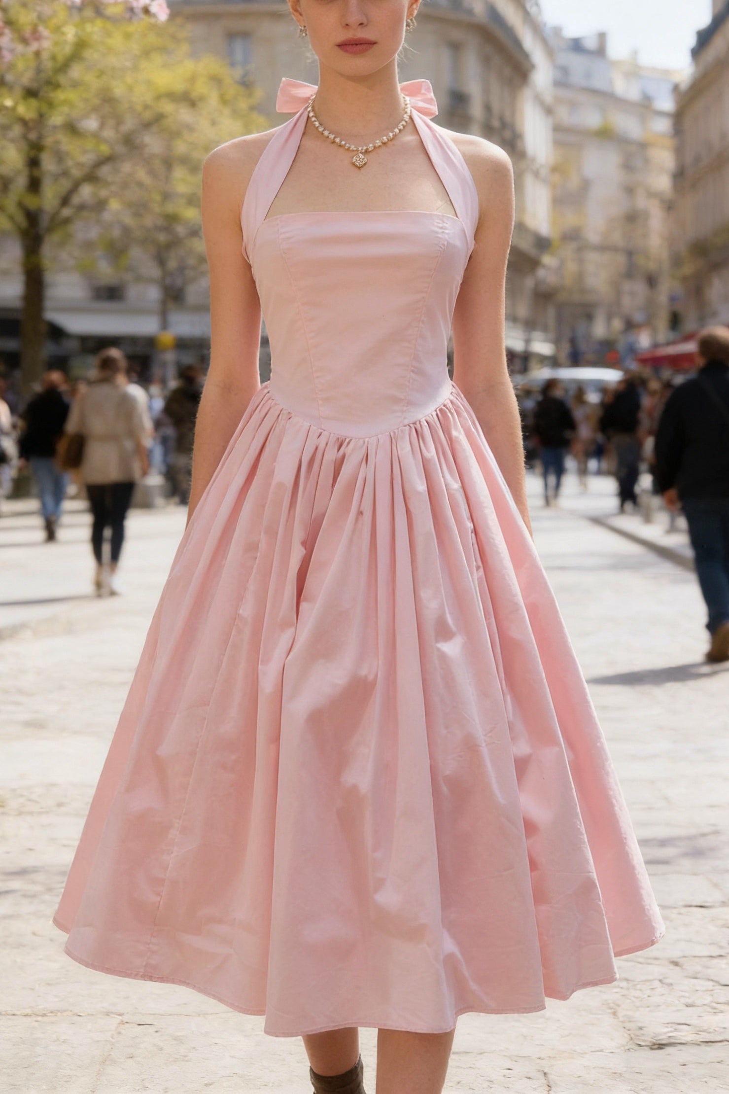 Q26 Lace-Back Princess Puffy Midi Dress