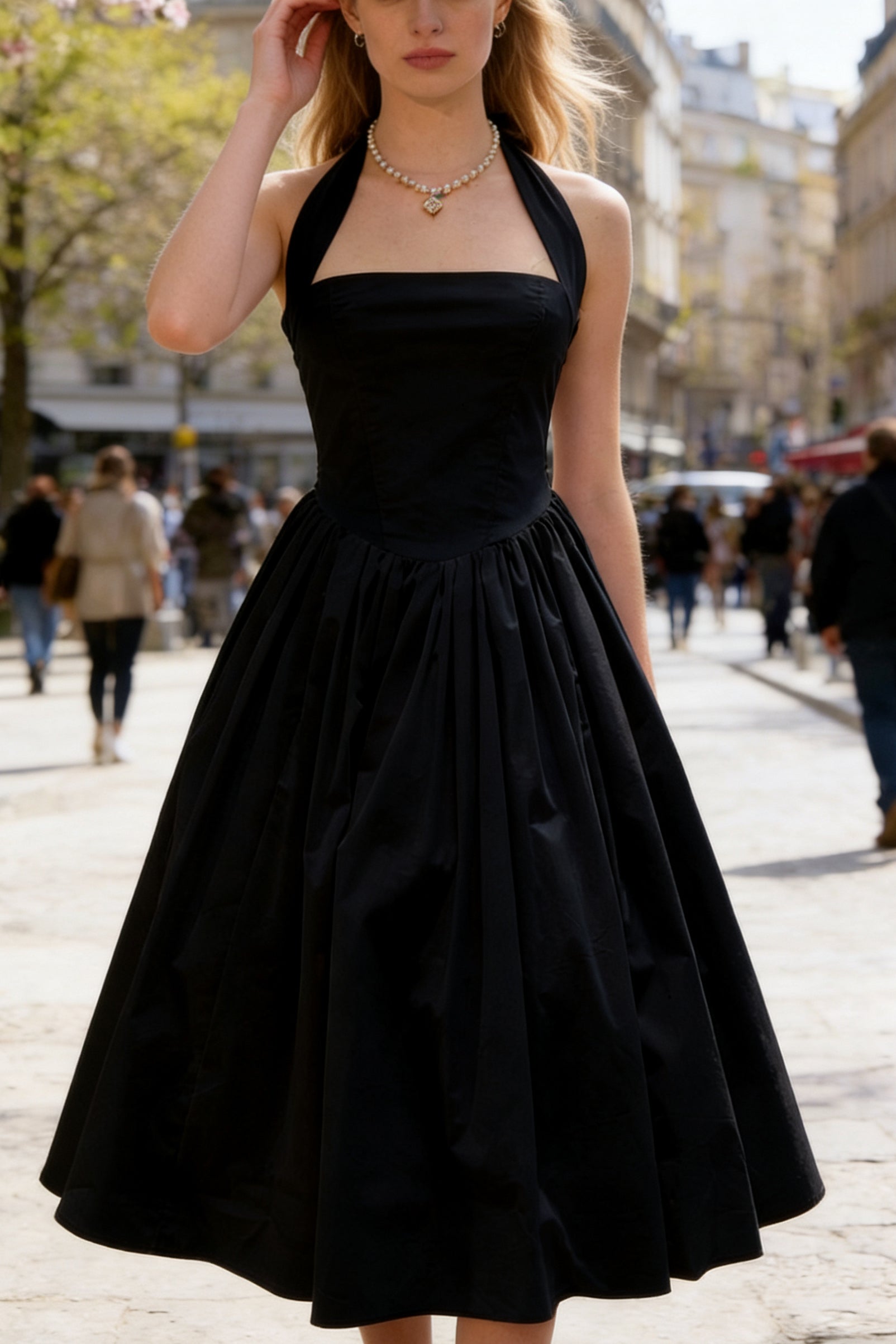 Q26 Lace-Back Princess Puffy Midi Dress