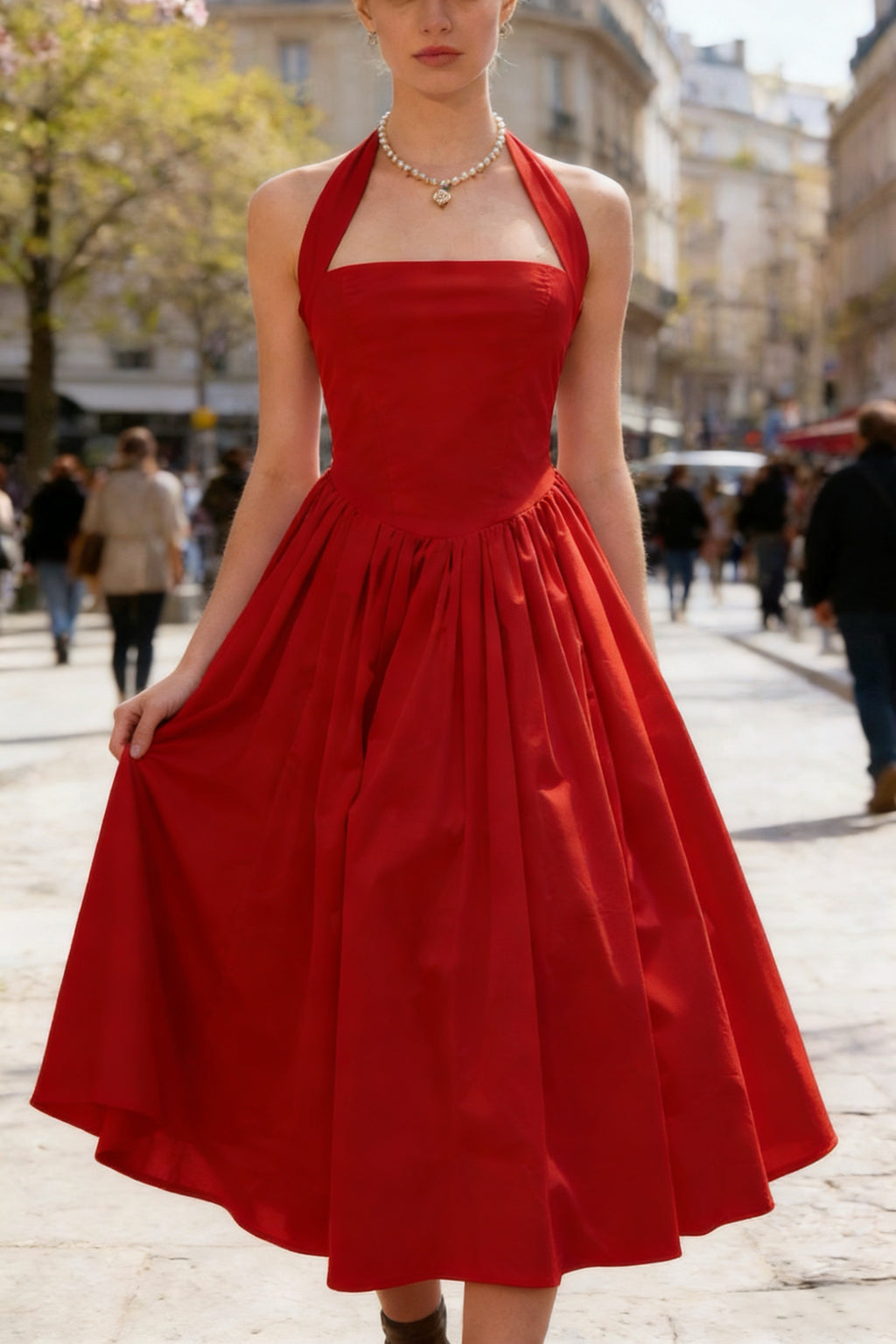 Q26 Lace-Back Princess Puffy Midi Dress