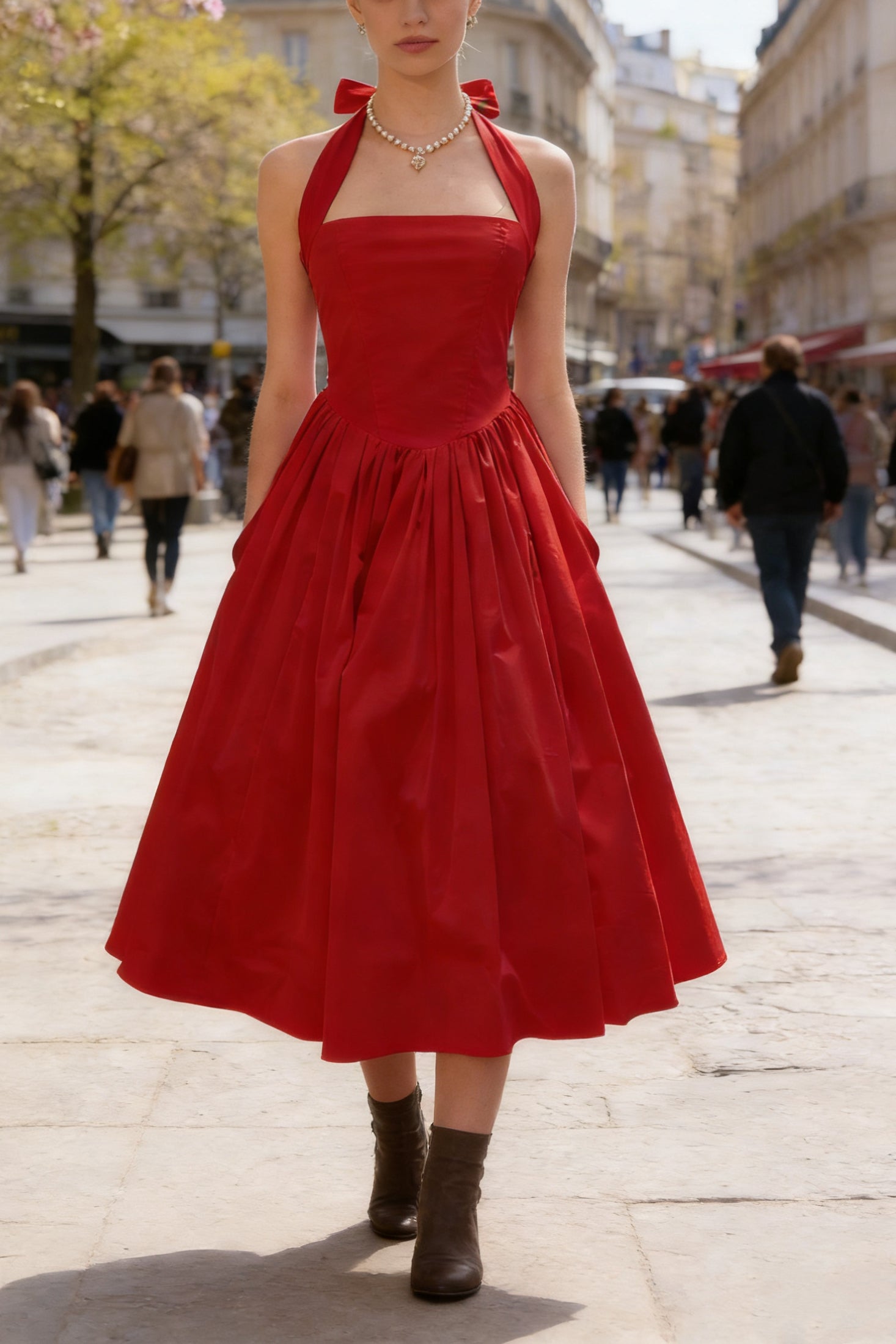 Q26 Lace-Back Princess Puffy Midi Dress