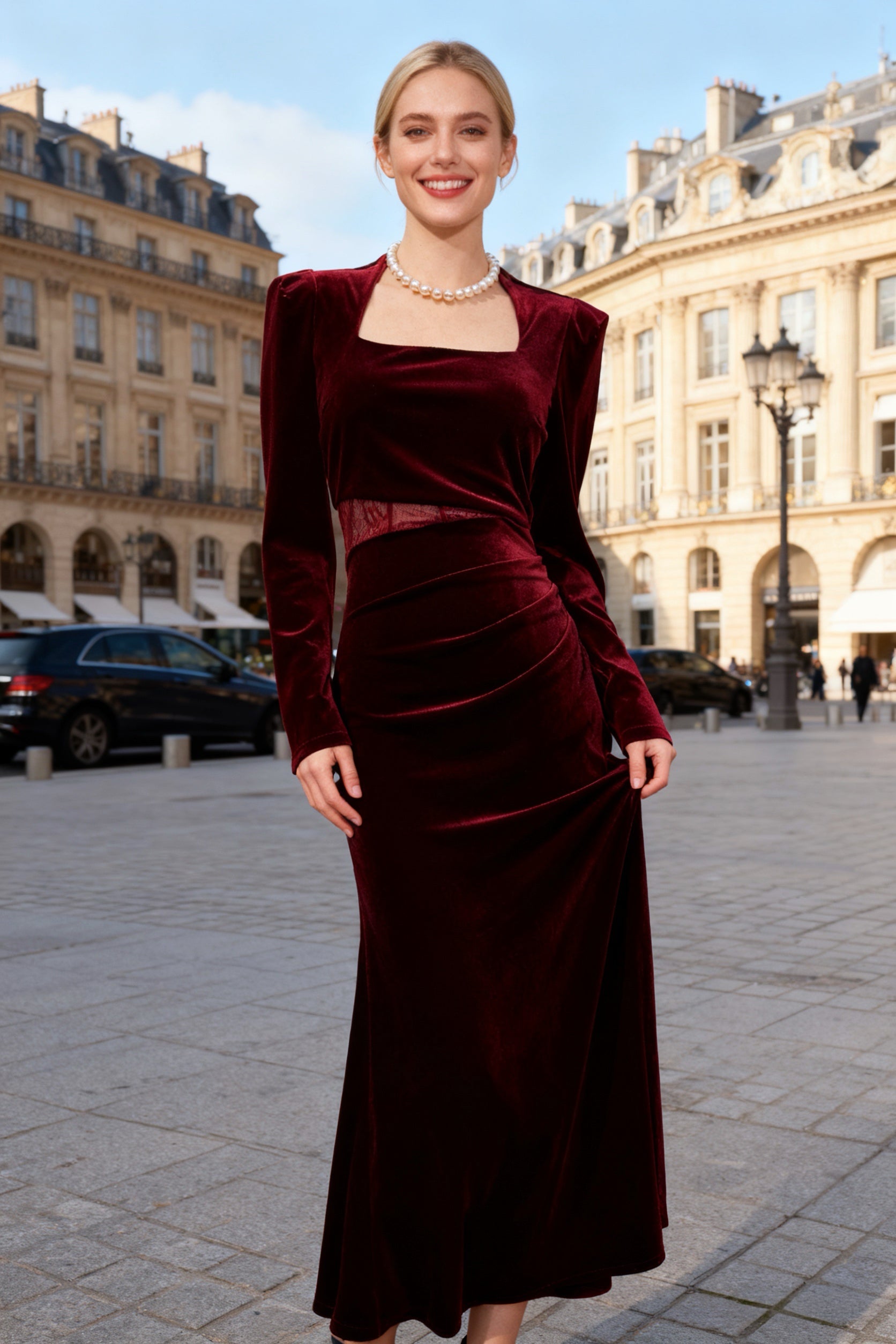 Q25 Cutout Lace Long-Sleeve Velvet Dress