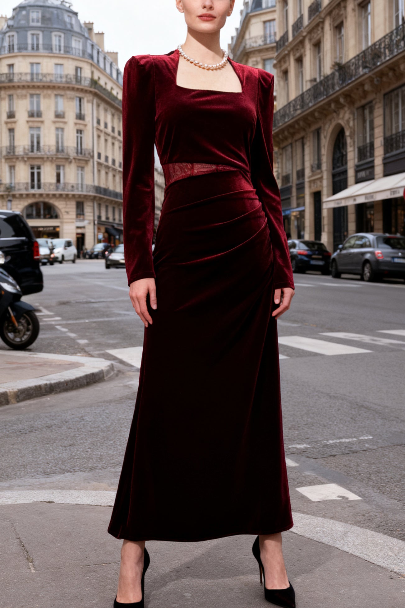 Q25 Cutout Lace Long-Sleeve Velvet Dress