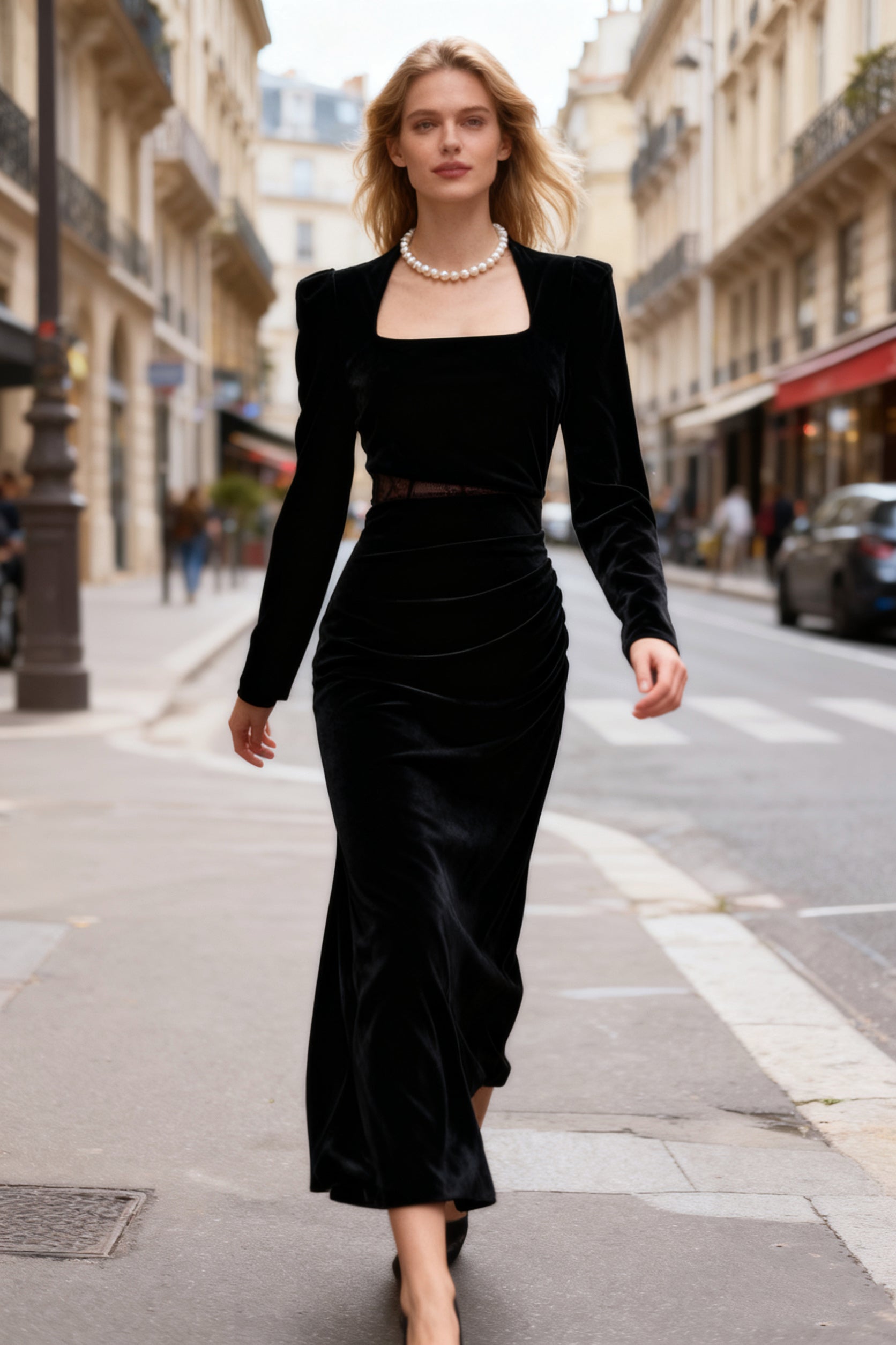 Q25 Cutout Lace Long-Sleeve Velvet Dress