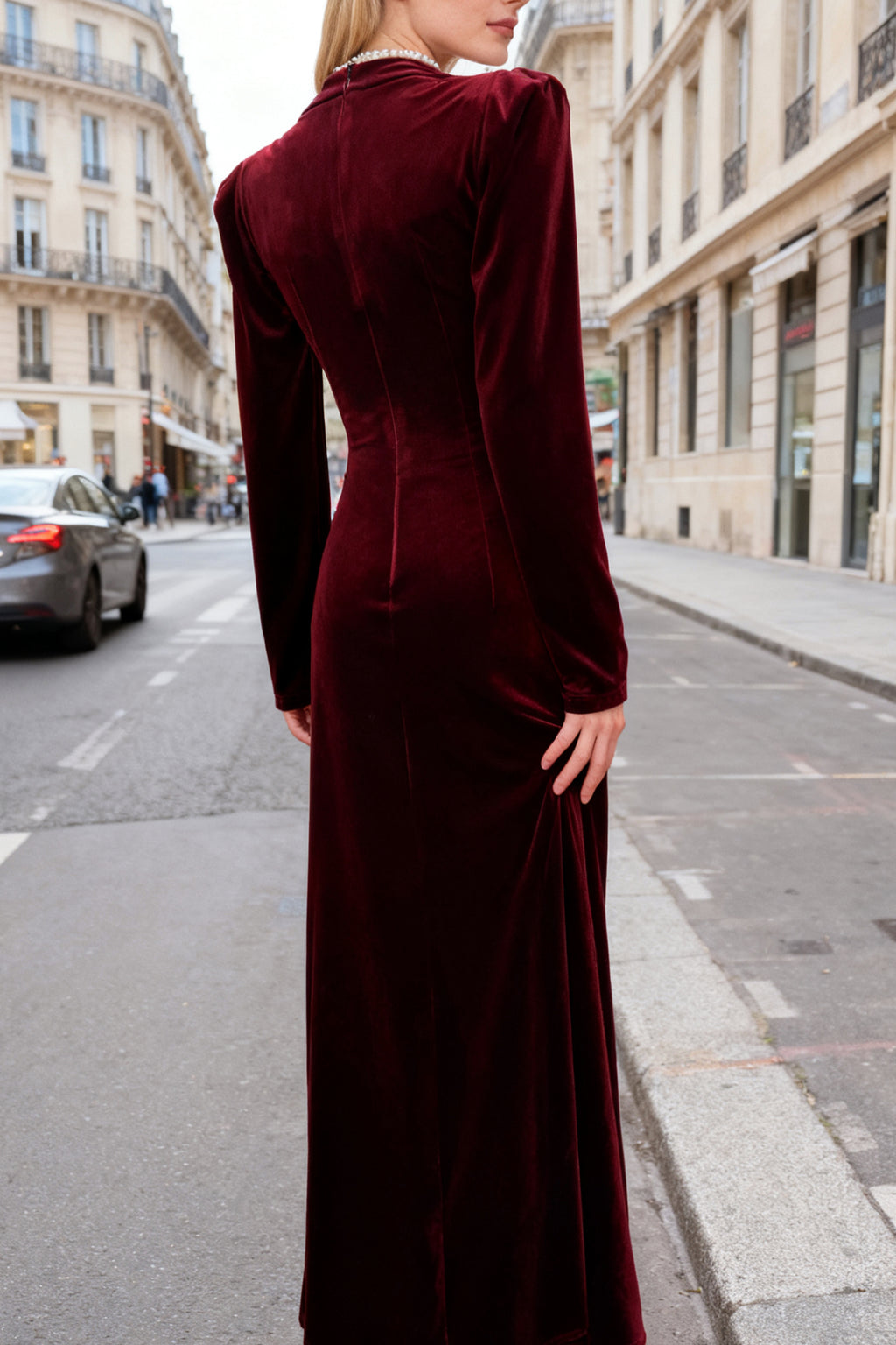 Q25 Cutout Lace Long-Sleeve Velvet Dress