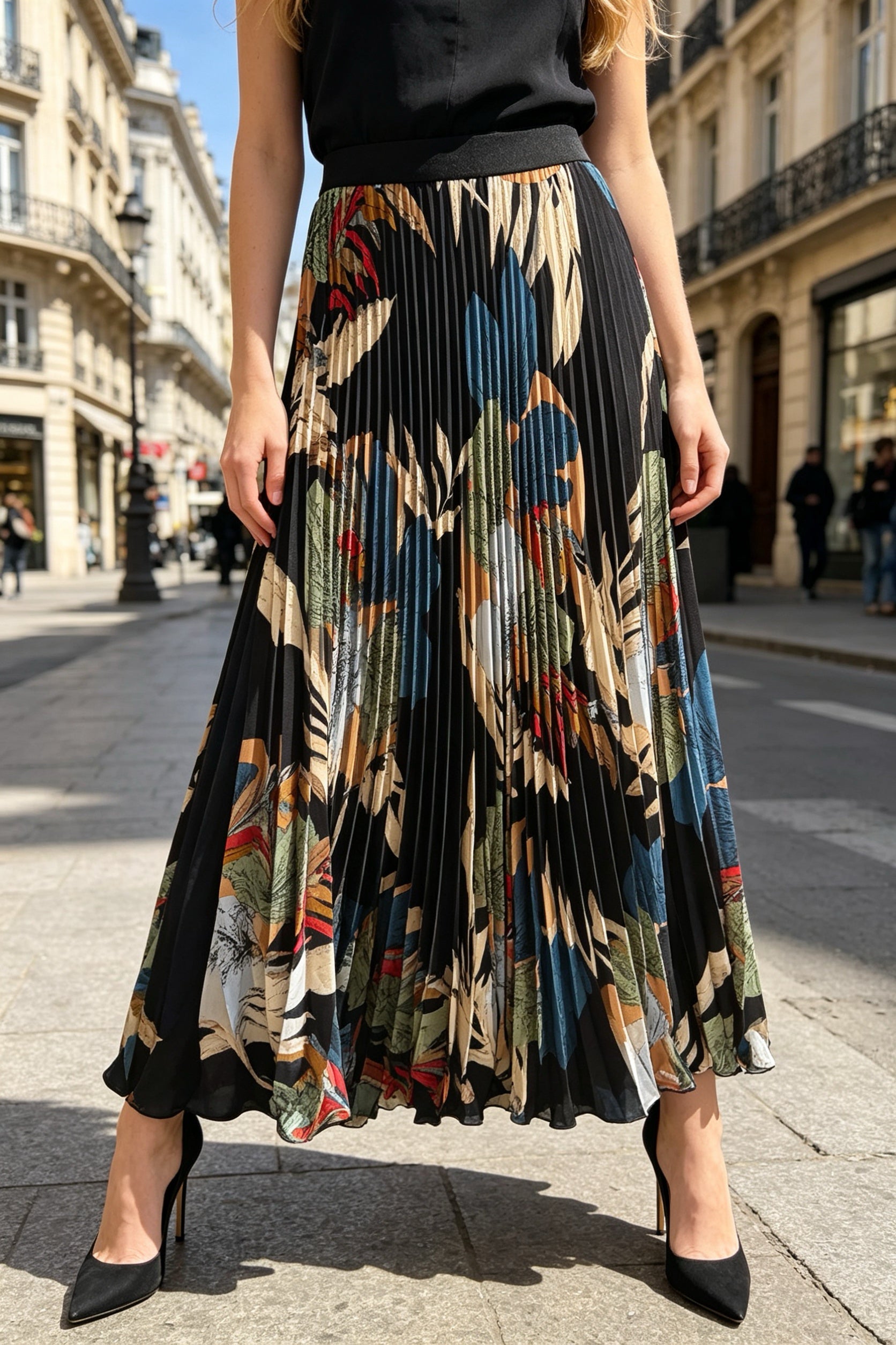 Q26 Floral Pleated Long Skirt