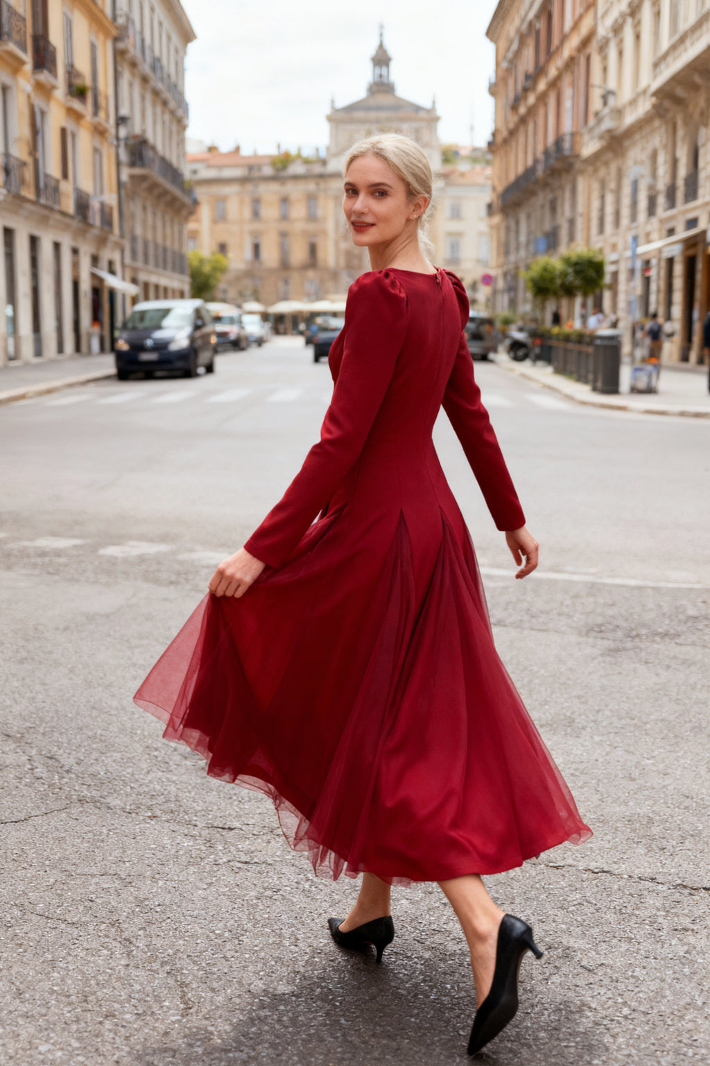 Q25 Fit & Flare Mesh Dress with Long Sleeves