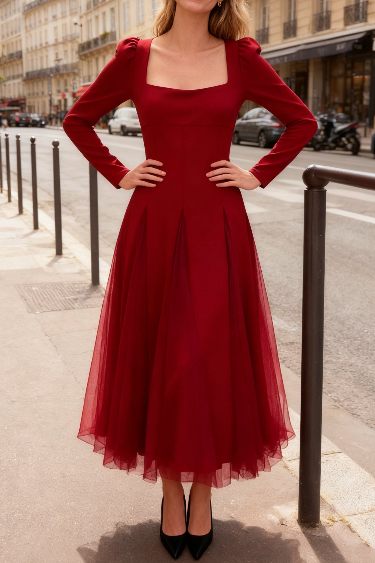 Q25 Fit & Flare Mesh Dress with Long Sleeves