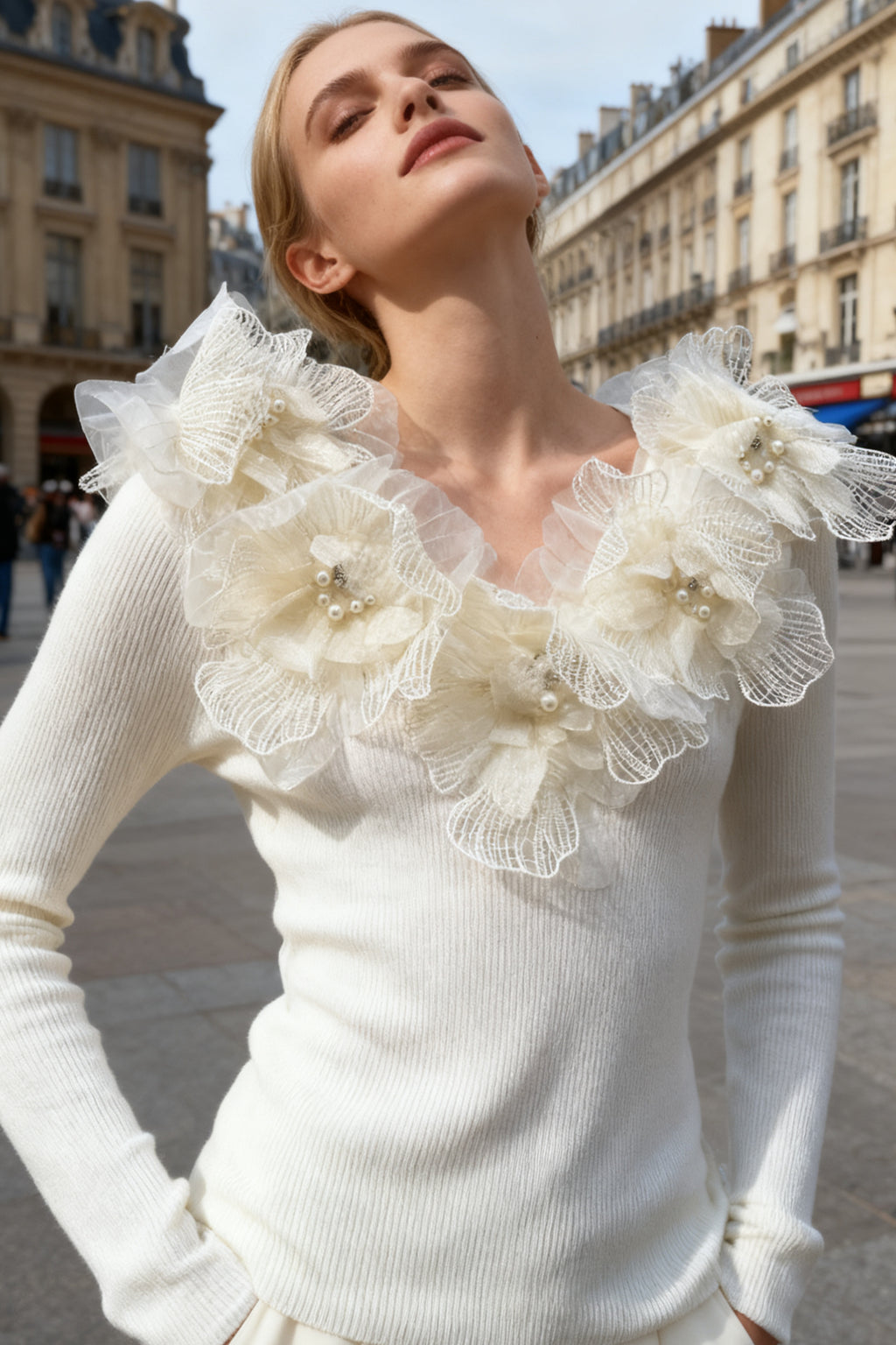 Q25 3D Floral V-Neck Sweater Top