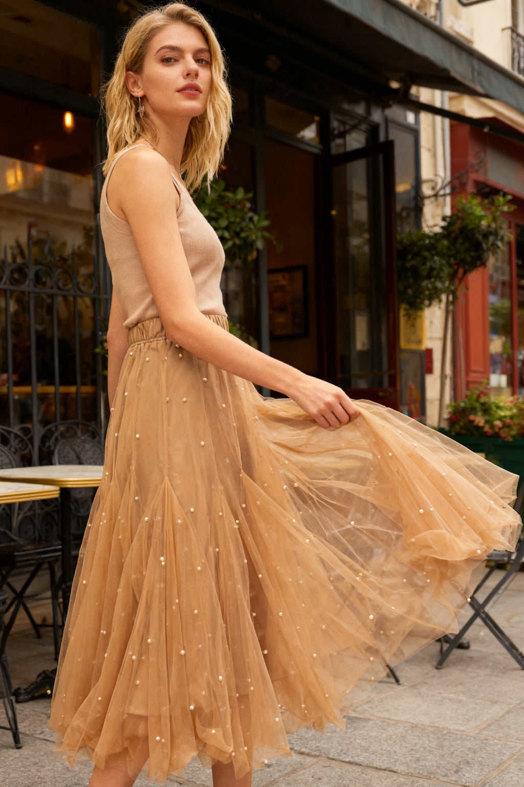 Q25 Layered Pearl Puff Long Skirt