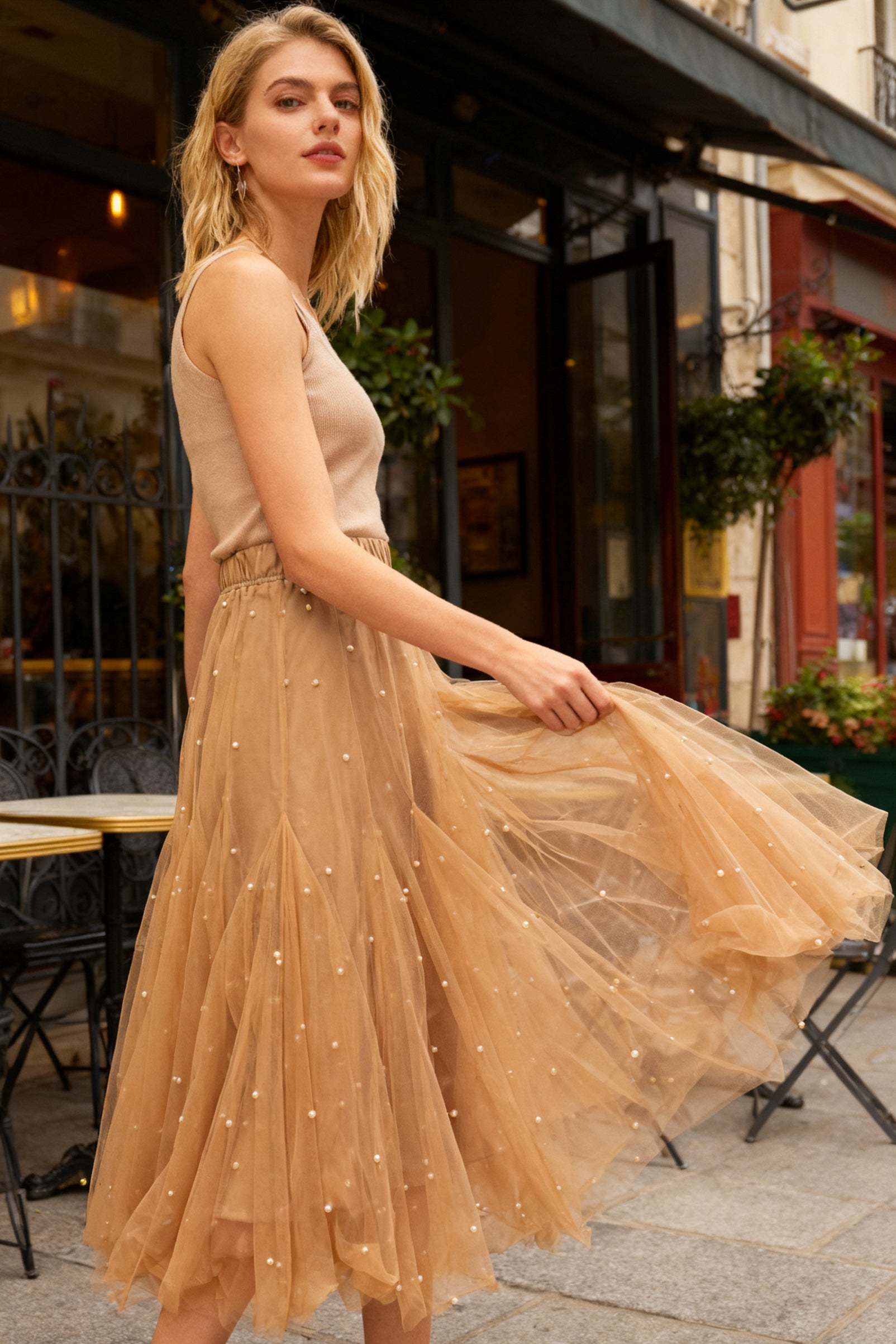 Q25 Layered Pearl Puff Long Skirt