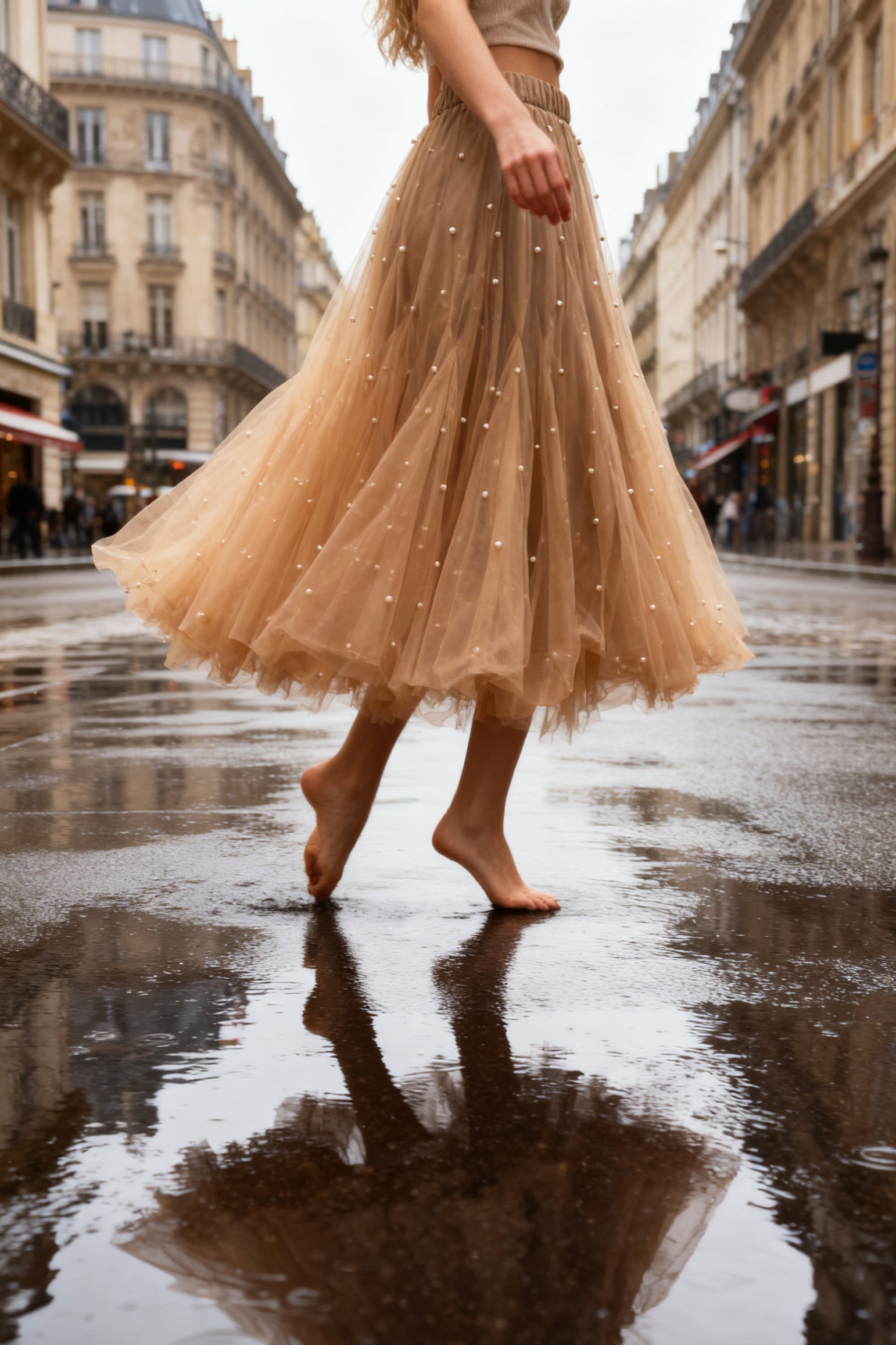 Q25 Layered Pearl Puff Long Skirt