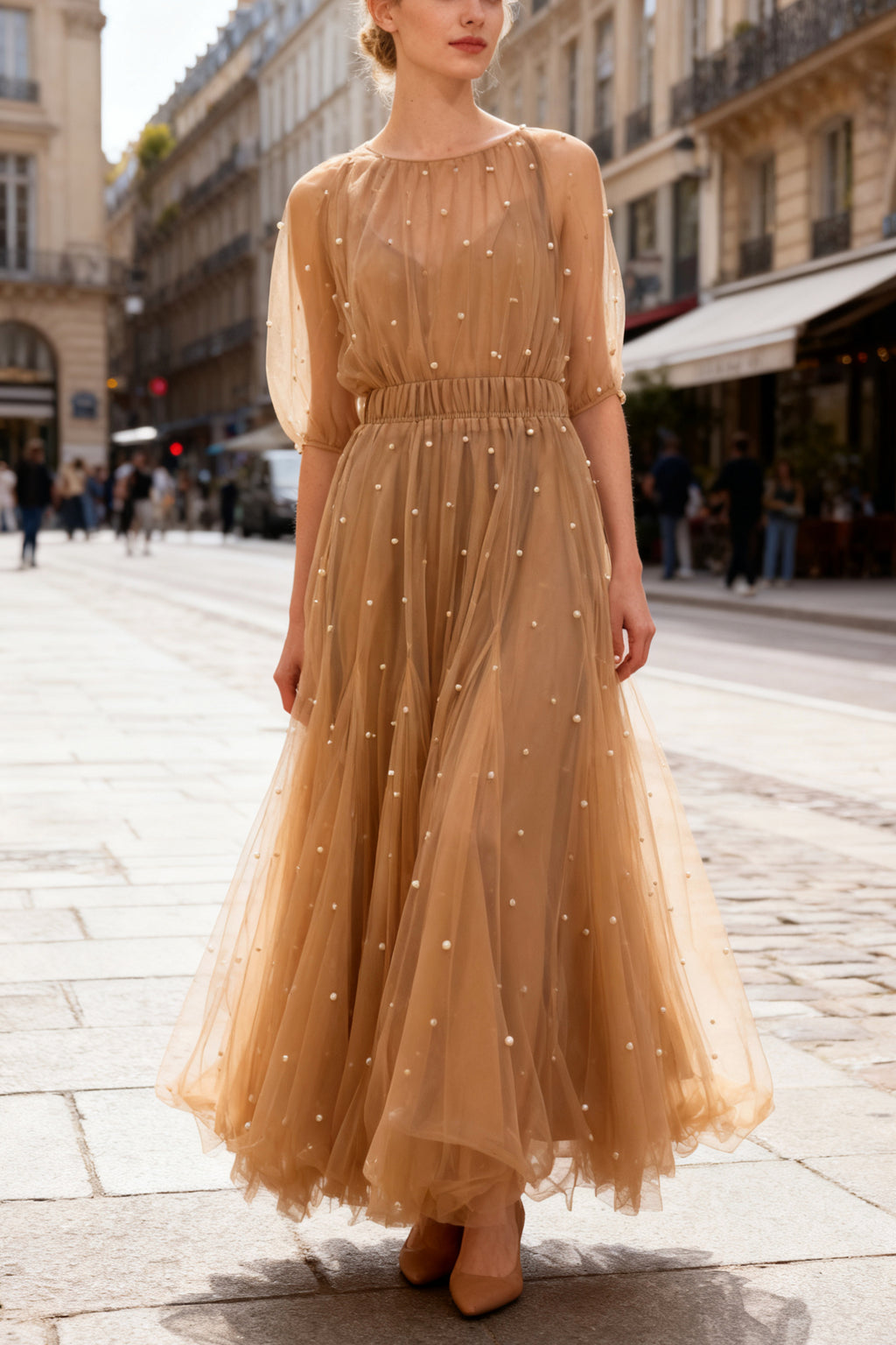 Q25 Layered Pearl Puff Long Skirt