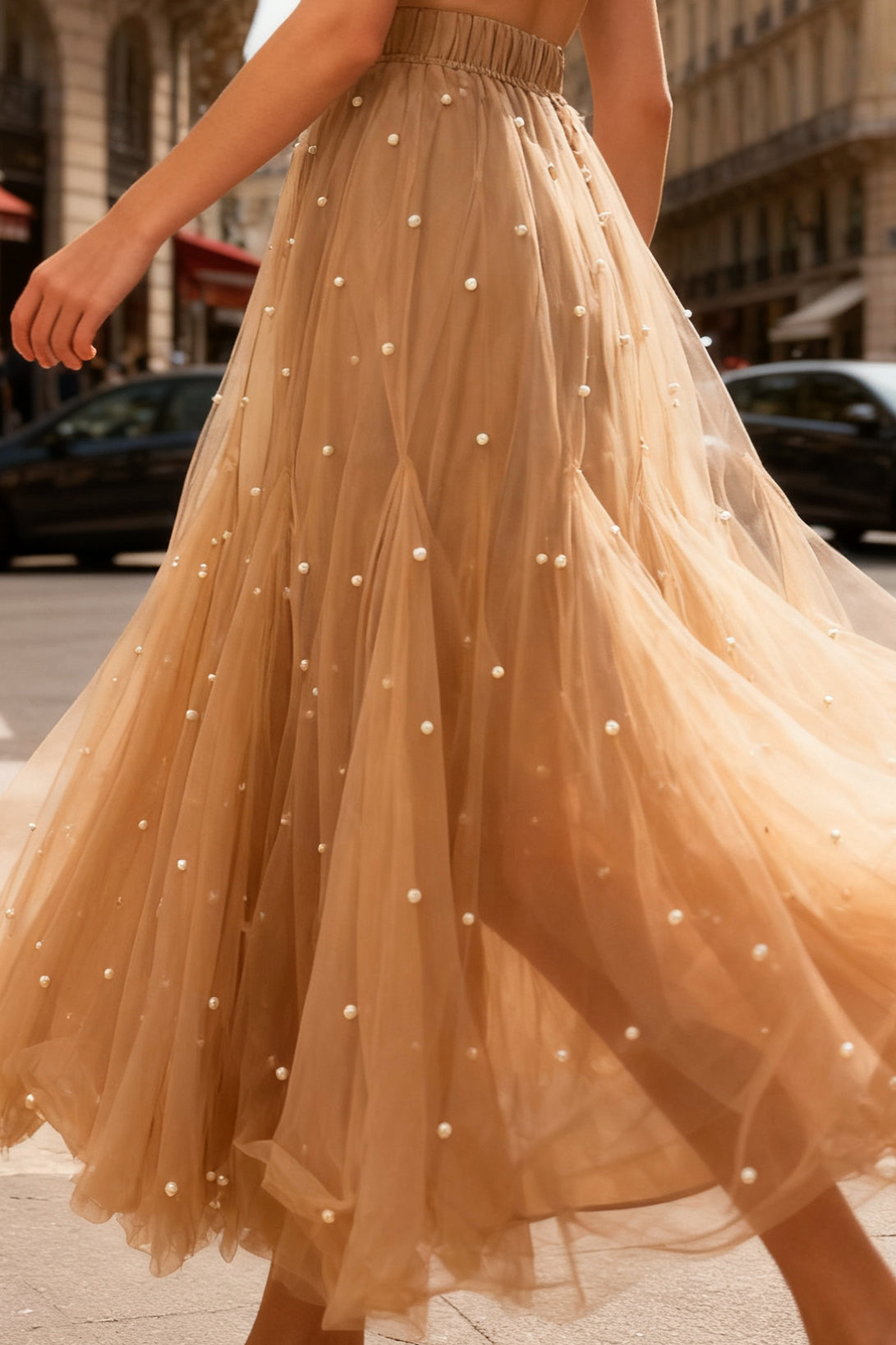 Q25 Layered Pearl Puff Long Skirt