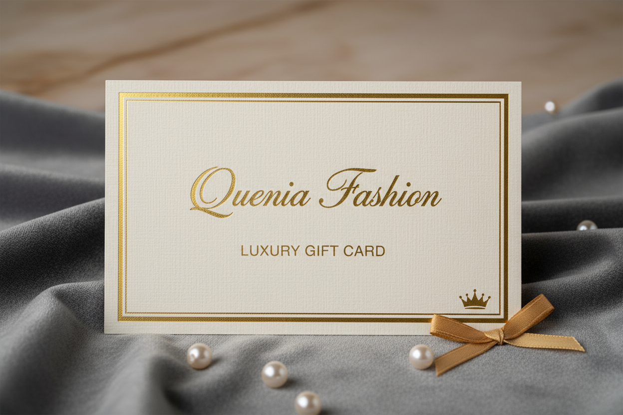 generate a gift card image, simple, luxury with just Queenia Fashion on the front, looks expensive